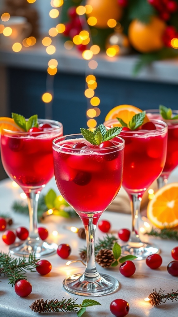 Festive cranberry juice cocktails in glasses with garnishes, set on a holiday-themed table.